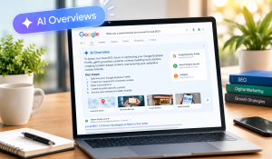 Primary Recommendation A laptop displaying Google's AI Overview search result for boosting local SEO, placed on a wooden desk alongside marketing books, a notebook, and a mug.