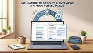 A laptop displaying Google's AI Overview interface with text reading "Implications of Google's AI Overviews & AI Mode for SEO in 2026" on the wall above.